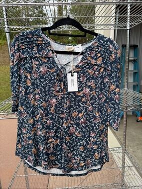 Good Luck Gem Navy Floral Tie-Neck Blouse with Pink and Tan Accents